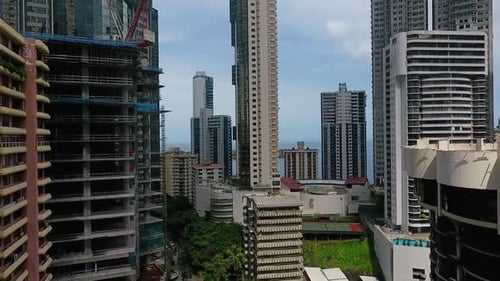 Aerial drone footage near buildings in Panama City