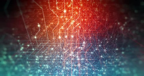 Futuristic Digital Circuit Board Animation with Glowing Data Flow