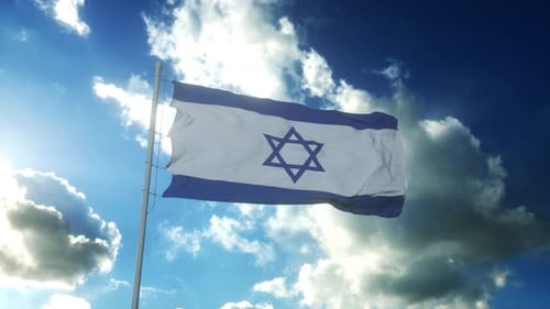 Waving Flag of Israel with Blue Sky and Moving Clouds