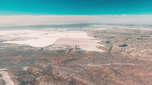 Aerial View Of Forest Village And Country Field Skyline In Winter Frozen Sunny Day