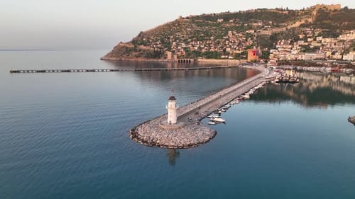 Leuchtturm in Sunrıse Moment Luftbild Türkei Alanya 4 K