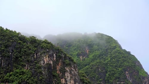 Berggipfel mit Waldbäumen voller Nebel in Thailand
