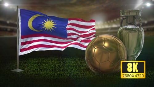 Waving Malaysia Flag with Golden Soccer Ball and Trophy