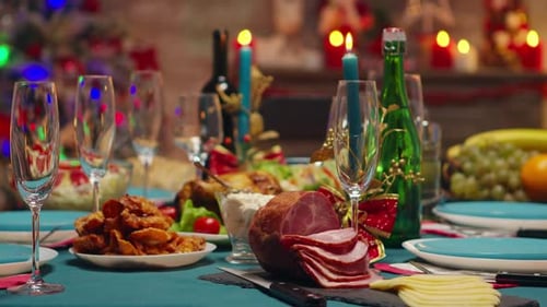 Christmas Dinner Table with Food and Decorations