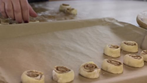 Close Up Female Hand Puts Cinnamon Buns on Baking Sheet with Parchment Paper