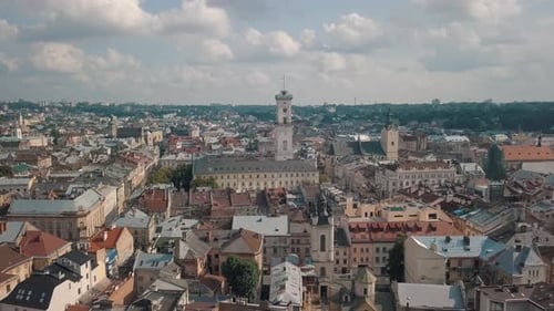 Aerial Drone Footage of European City Lviv, Ukraine, Flight Above Popular Ancient Part of Old Town