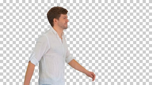 Casual young man walking and looking forward, Alpha Channel