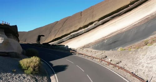 Aerial Shot. Looking Down. Car Go New Ideally Flat Asphalt Road, Fresh White Road Markings