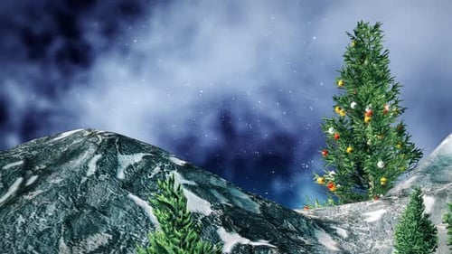 Animated Christmas Tree in Snowy Mountain Landscape with Falling Snow