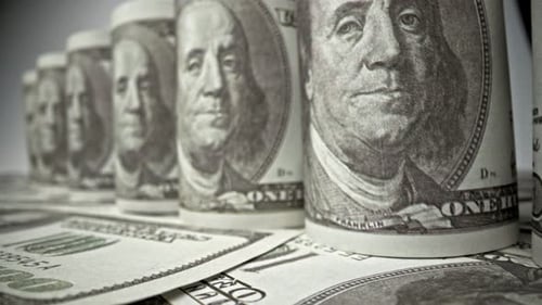 American one hundred dollar paper banknote in close up macro view dolly shot.