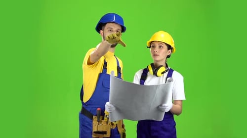 Two Architects Discuss the Drawing of the New Building, Green Screen