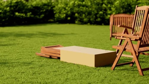 Unpacking garden party set. Barbeque. Grill, swing, table, chairs.Time to relax