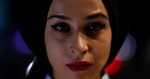 Woman Crying, Dark Eyes, Red Lipstick, Close Up