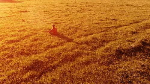 Low Altitude Radial Flight Over Sport Yoga Man at Perfect Green Grass