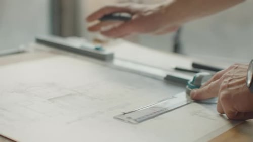 Architect's Desk Drawings Tape Measure Ruler and Other Drawing Tools