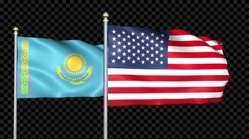 Kazakhstan and USA Flags Waving Seamlessly with Alpha Channel