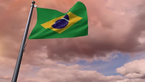 Waving Brazilian Flag Against Cloudy Sky