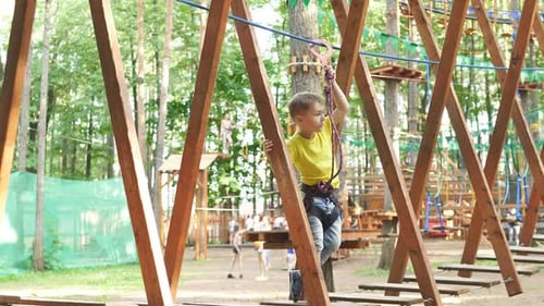 Young Boy Navigating Ropes Course in Forest