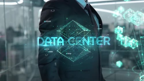homme affaires, à, centre de données, hologramme