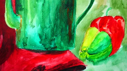Watercolor Still Life with Green Pitcher and Pepper