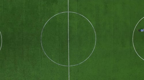 Football Marker on Field, Drone View Soccer Players Training on Football Field