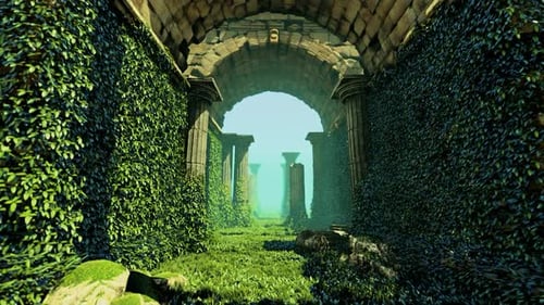 Movimiento a través de un antiguo templo en ruinas