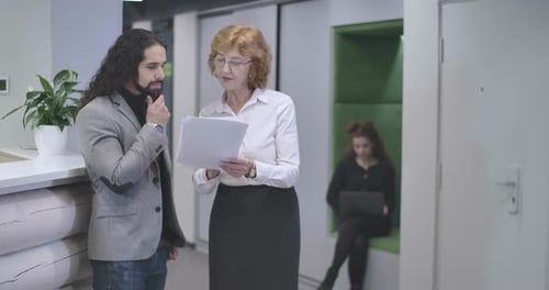 Colleagues Discussing Documents in Bright Office