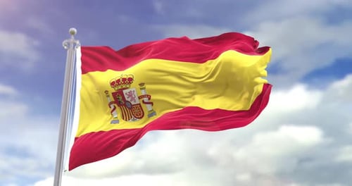 Realistic Waving Spanish Flag on Pole Against Cloudy Blue Sky