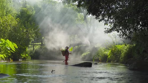 Karen tribe old woman with traditional dress carrying flowers basket walking on stream lake