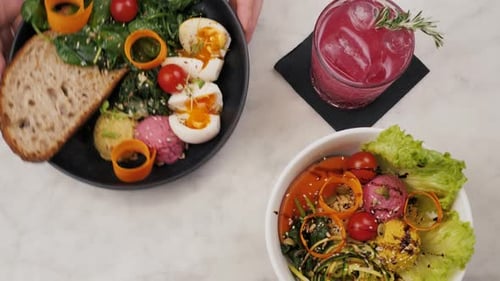 Healthy Eating, Dieting and People Concept - Close Up Breakfast Brunch Eggs Vegetable Salad