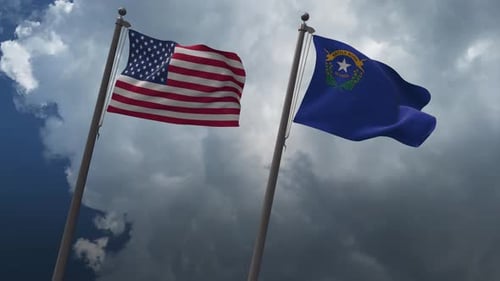 USA and Nevada Flags Waving on Cloudy Background