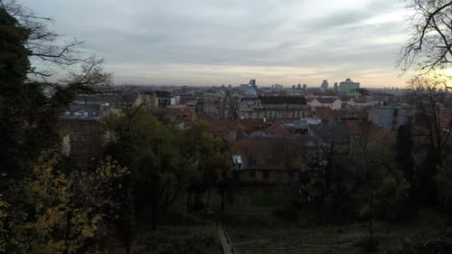 Aerial view of buildings in the evening