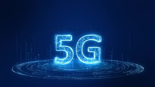 Blue particle 5G logo with futuristic technology circle rotation on abstract background