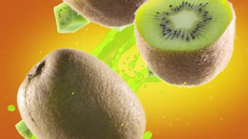Dynamic Falling Kiwi Fruit and Juice Splash Animation
