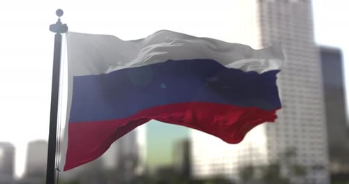 Realistic Russian Flag Waving in Wind with Bokeh City Background