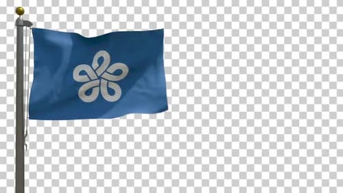 Realistic Blue Flag with White Abstract Logo Waving on Flagpole