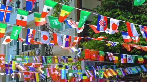 International Flags Decorate a City Street