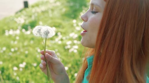 Girl Blowing Dandelion Seeds in Sunny Field