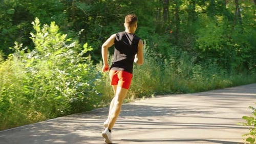 Man Jogging in Park with Cableway in Summer