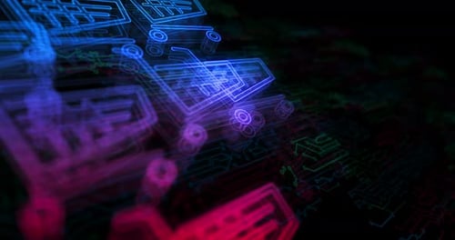 Futuristic Digital Shopping Carts Flowing on Neon Circuit Board