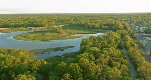 Aerial View of River and Forest on Nature Landscape Mixed Forest