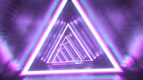 4k Video animation. Endless abstract futuristic tunnel with neon lights triangles