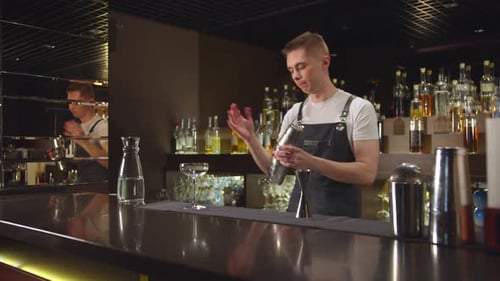 Bartender Shakes Cocktail Shaker and Pours Alcohol in Glass at the Bar