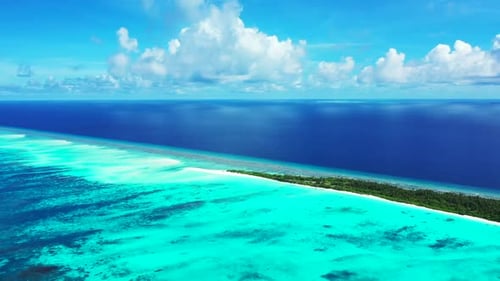 Aerial drone view landscape of tranquil lagoon beach journey by transparent ocean and white sandy ba