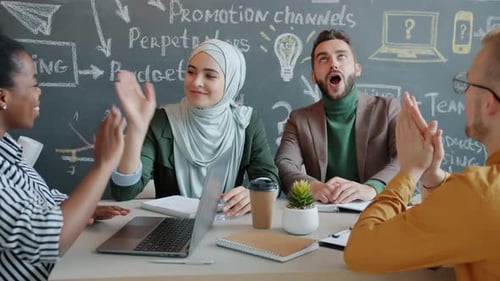Slow Motion of Businesspeople Diverse Team Talking and Doing Highfive in Office