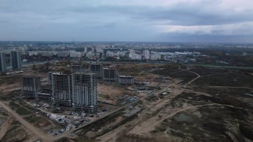 Construction of modern multi-storey buildings. Construction of a new city block.
