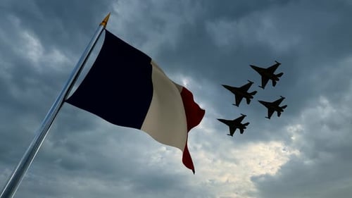 Wehende französische Flagge und gruppierte Kämpfer