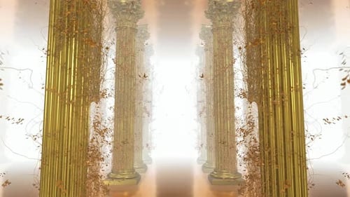 Golden Ornate Columns with Growing Vines and Bright Light Path