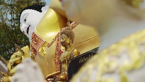 Gold Buddha Statue and Figures, Chiang Mai Buddhist Temple in Thailand, Beautiful Famous Building of