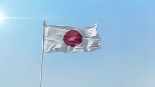 Realistic Japan Flag Waving in Blue Sky